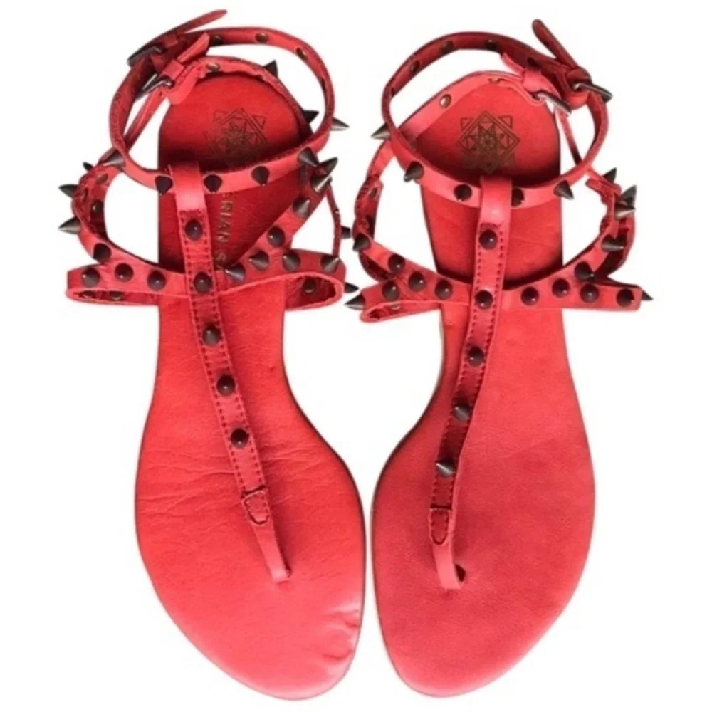 Marian Saud cherry red leather and metal studded ankle-strap gladiator sandals